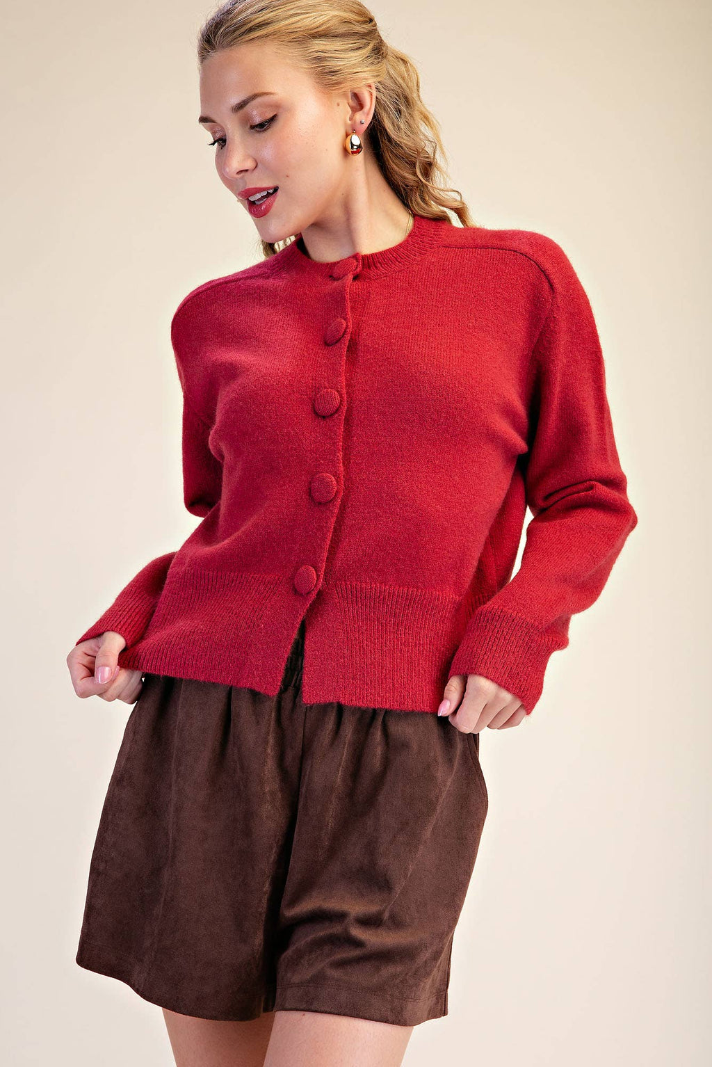 Large Button Statement Sweater | Cherry Red
