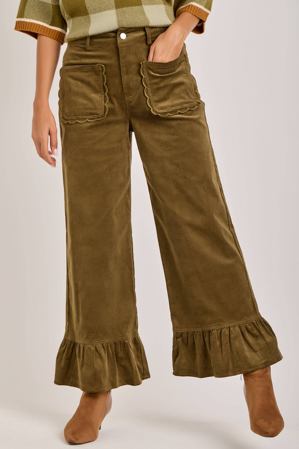 COMING SOON - The Chloe Corduroy Ruffled Hem Pants | Olive