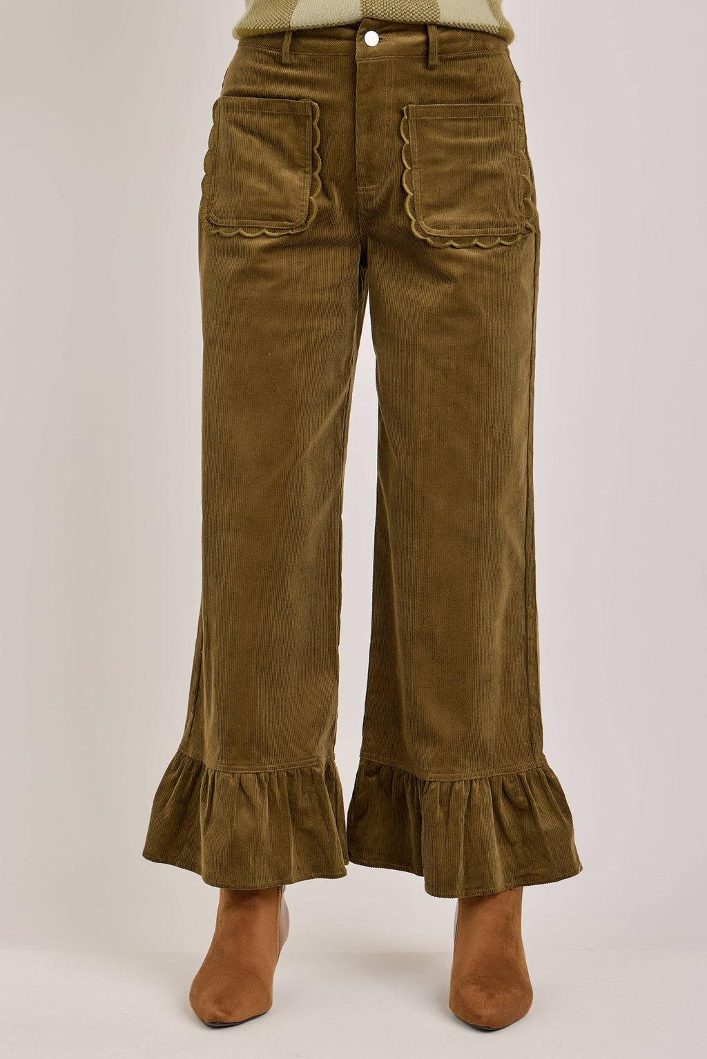 COMING SOON - The Chloe Corduroy Ruffled Hem Pants | Olive