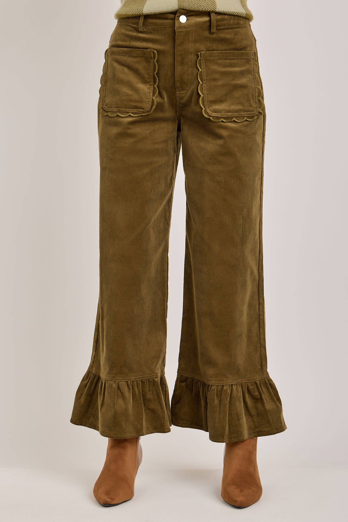 COMING SOON - The Chloe Corduroy Ruffled Hem Pants | Olive