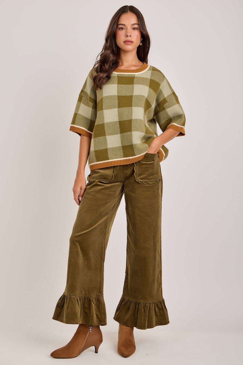 COMING SOON - The Chloe Corduroy Ruffled Hem Pants | Olive