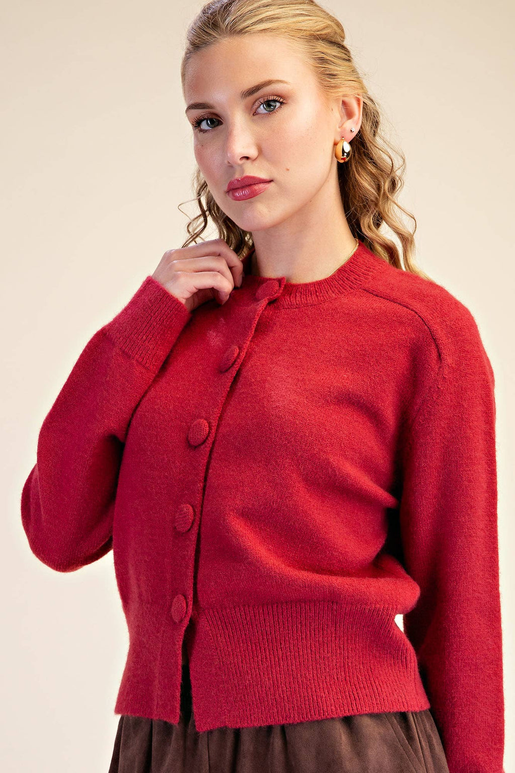 Large Button Statement Sweater | Cherry Red