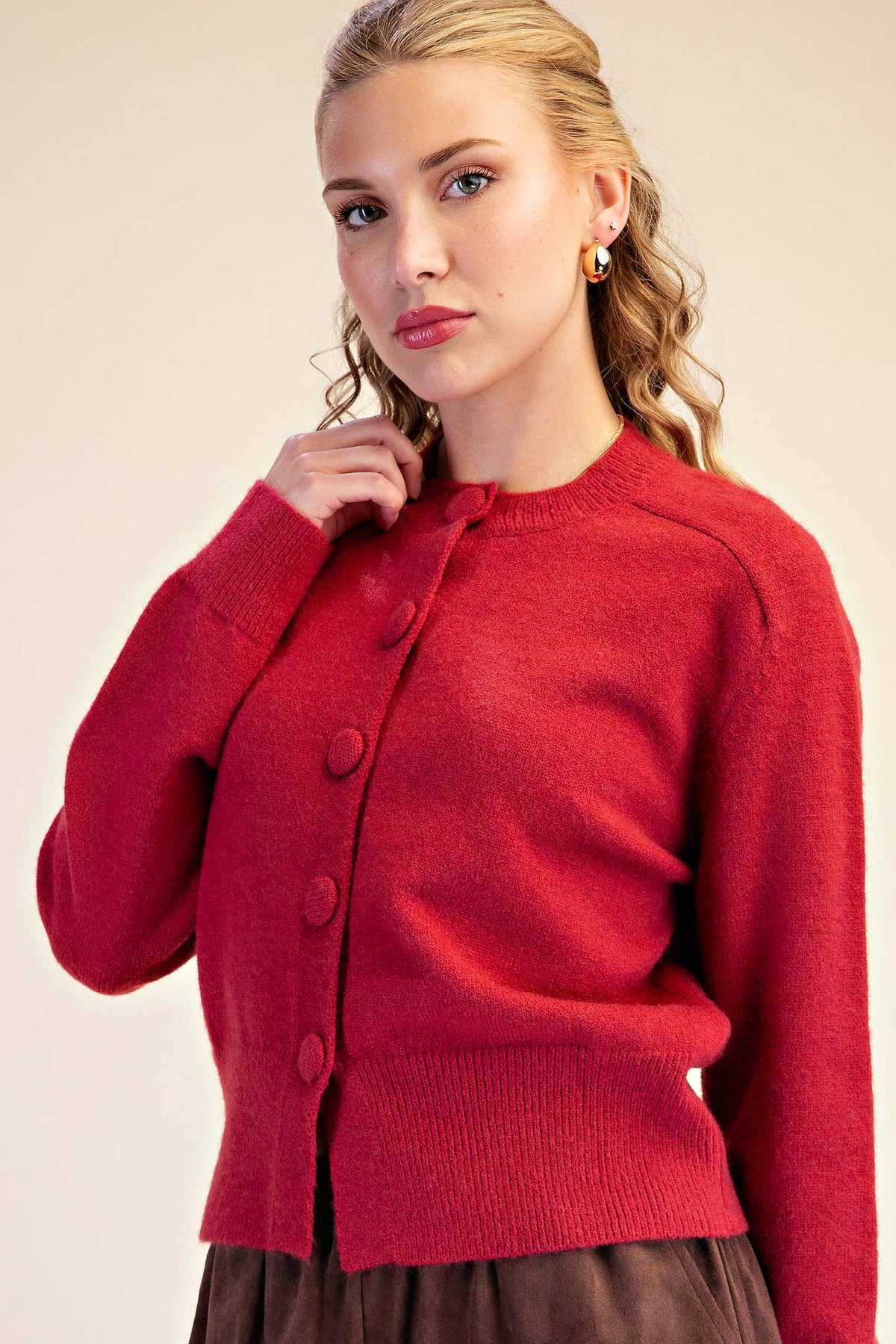 Large Button Statement Sweater | Cherry Red