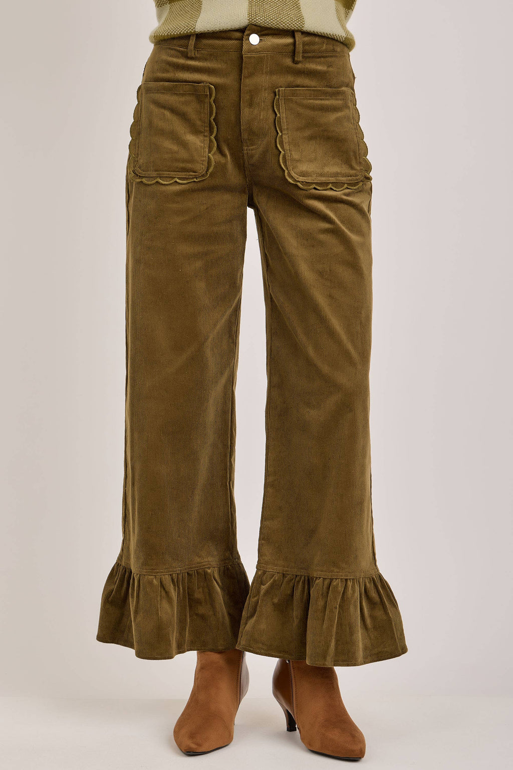 COMING SOON - The Chloe Corduroy Ruffled Hem Pants | Olive