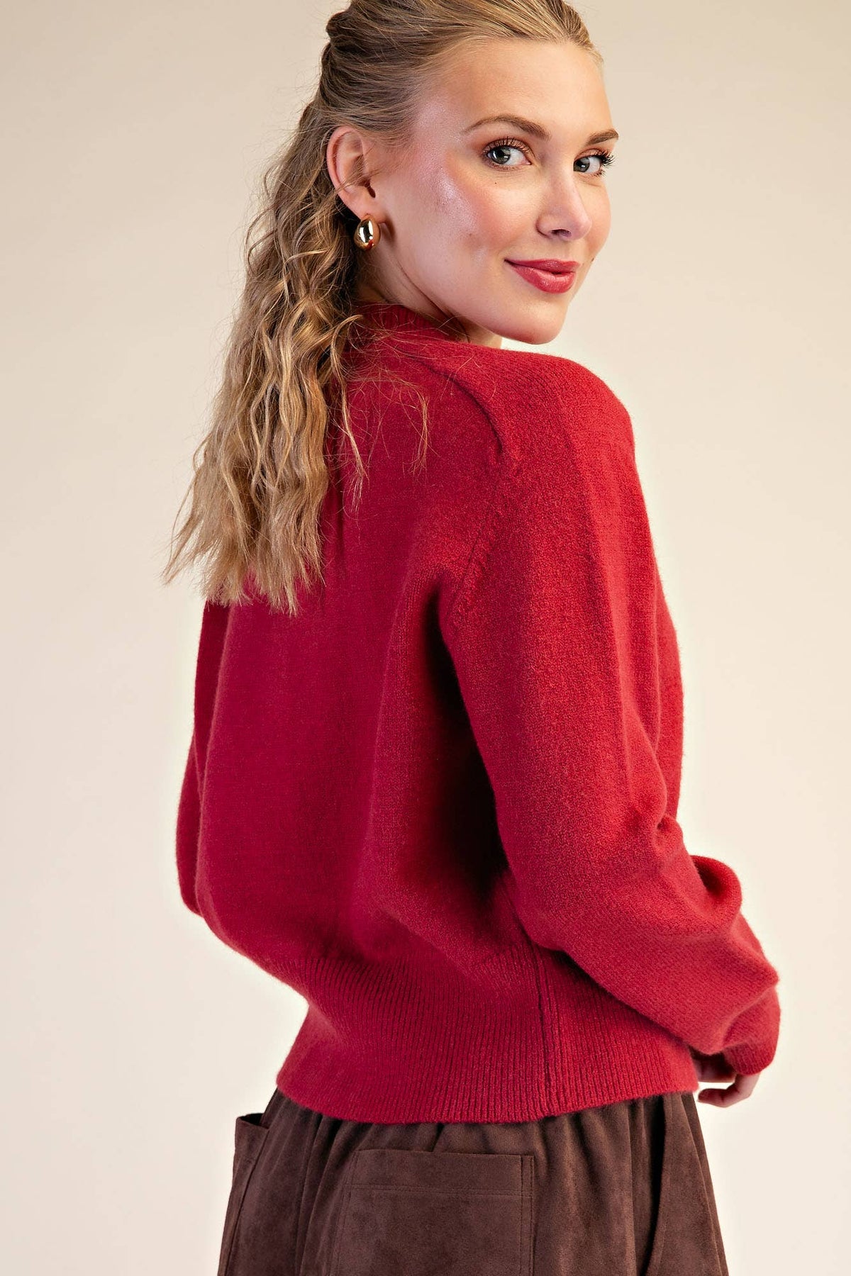 Large Button Statement Sweater | Cherry Red