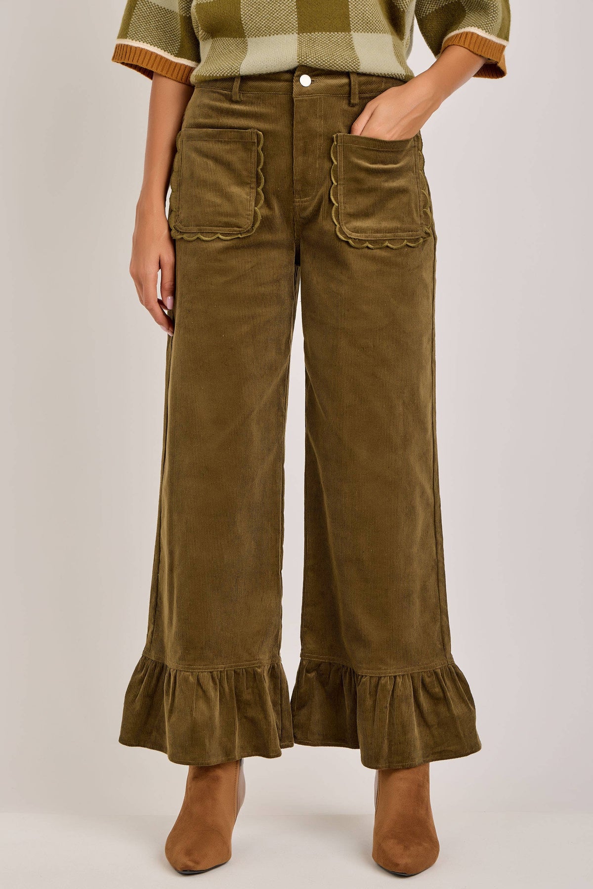 COMING SOON - The Chloe Corduroy Ruffled Hem Pants | Olive