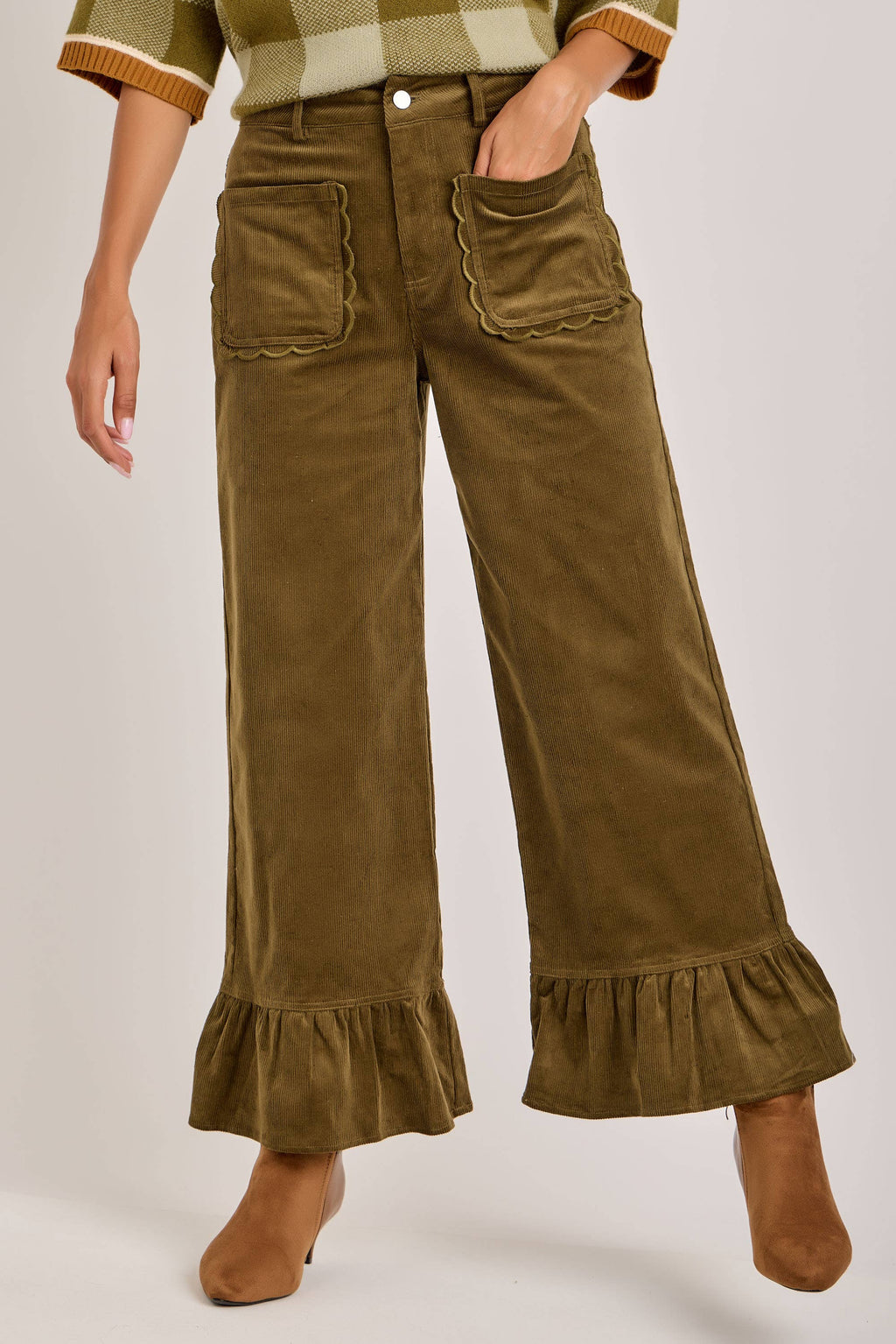 COMING SOON - The Chloe Corduroy Ruffled Hem Pants | Olive