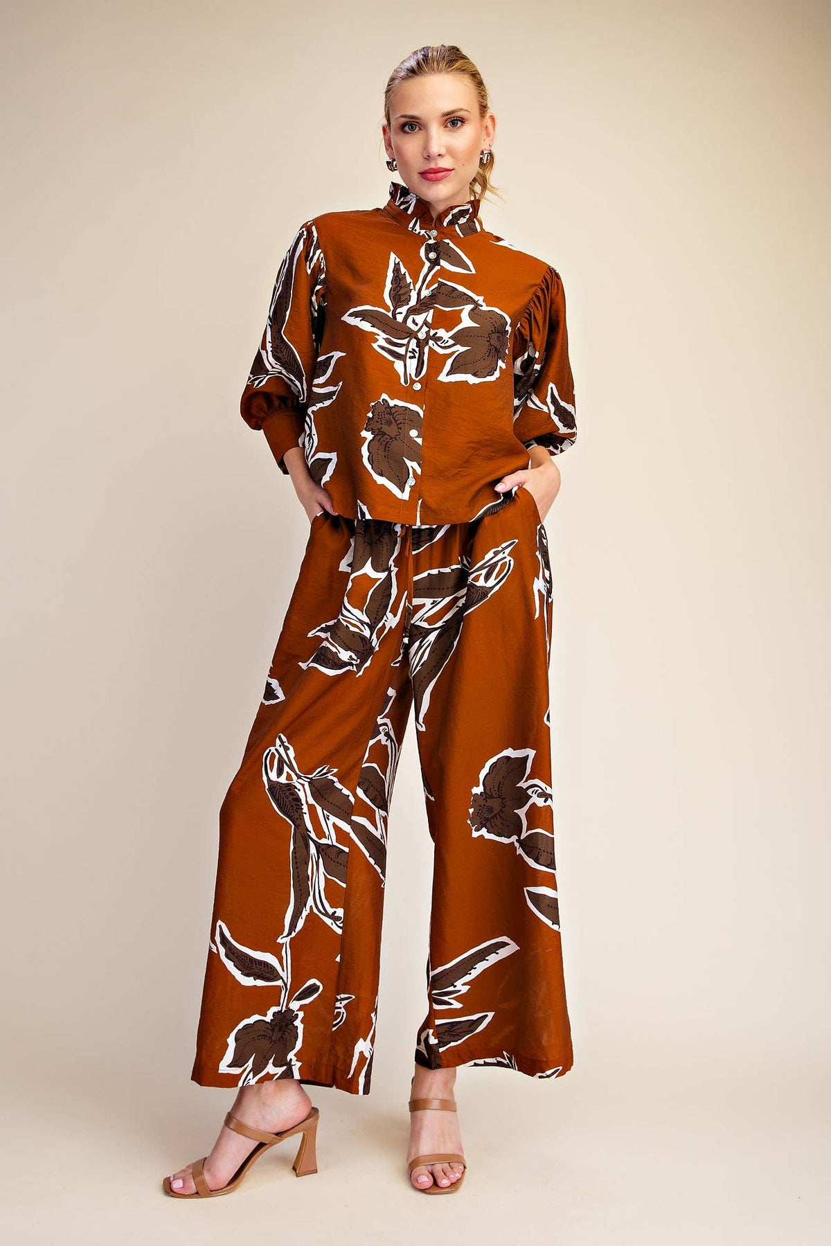 Fall in Love with Floral Wide Leg Pants - Rust